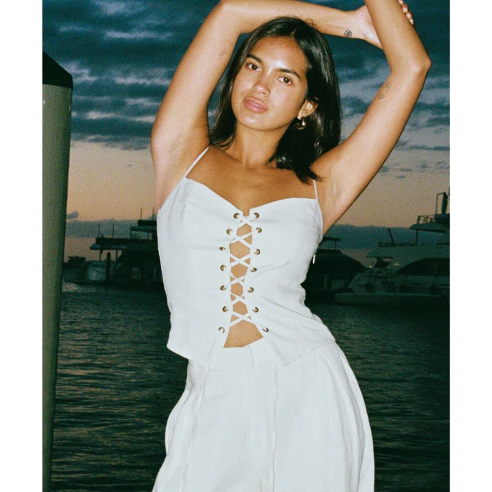SUMMER AWAY Kyoto Linen Tie Up Cropped Top White Small NEW NWT